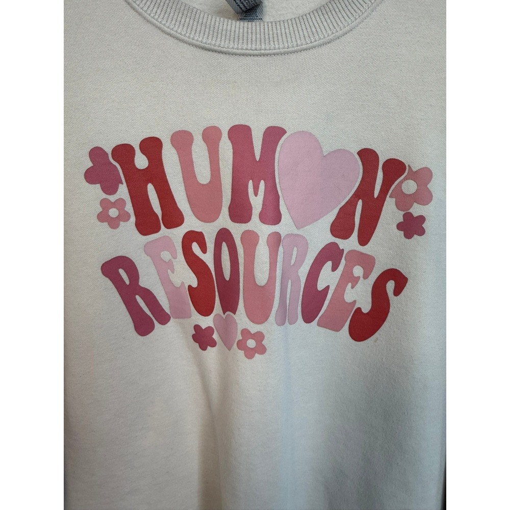 Jerzees Human Resources Pink Heart Graphic Crewneck Sweatshirt Cream Small